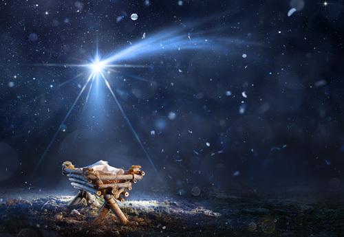 Waiting The Messiah Crib Manger In Cold Night With Star Trail
